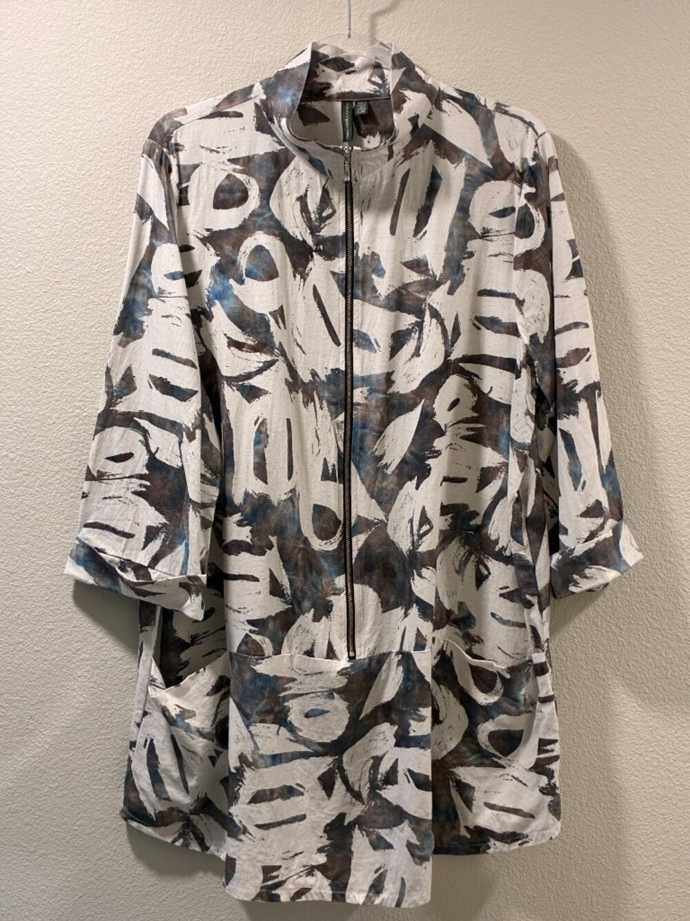 SHANNON PASSERO 3/4 Sleeve White/Gray Multi Brushstroke Zip Front Flare Tunic L